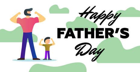 Happy Father Day Holiday Strong Dad Son show arms biceps muscles stand khaki background Vector Illustration