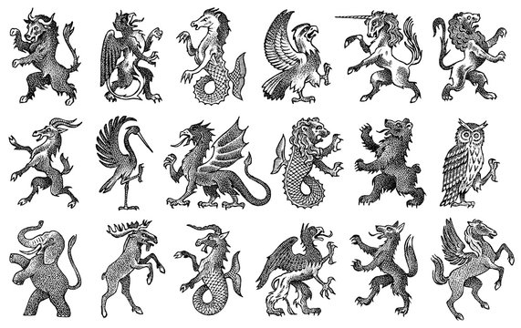 Animals for Heraldry in vintage style. Engraved coat of arms with birds, mythical creatures, fish, dragon, unicorn, lion. Medieval Emblems and the logo of the fantasy kingdom.