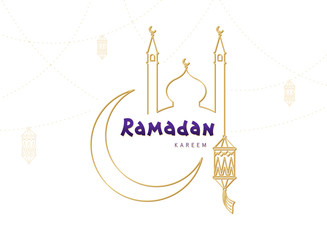 Arabic Islamic calligraphy text Ramadan Kareem with crescent moon, lantern, mosque. Ramadan mubarak greeting line vector poster for Muslim community festival