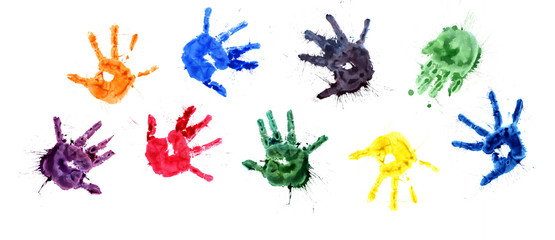 colored prints of children palms - watercolor spots&splashes 