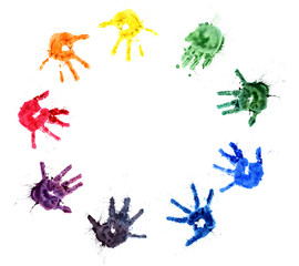 colored prints of children palms - watercolor spots&splashes 