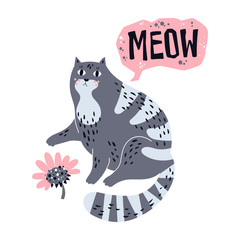 Vector flat hand drawn illustrations. Cute cat with flower.