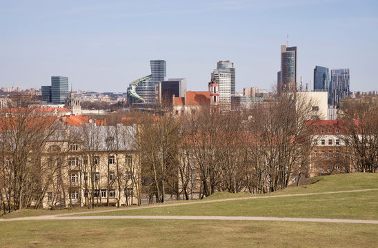 View of new city centre at Snipiskes  district from Tauras hill in Vilnius. Lithuania