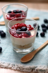 Simple no-bake raspberry cheesecake in a glass. Decorated with blueberries. Selective focus.