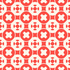 Fototapeta na wymiar Funky red and white geometric seamless pattern with crosses, circles, squares