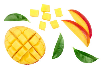 Mango fruit half with slices isolated on white background. Set or collection. Top view. Flat lay