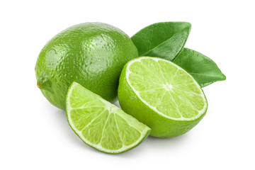 lime with half and leaf isolated on white background
