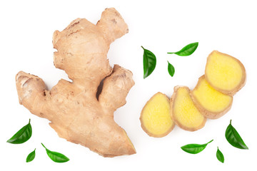 fresh Ginger root and slice isolated on white background. Top view. Flat lay