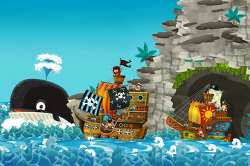cartoon scene with pirate ship sailing through the seas sailing out of secret cave - illustration for children