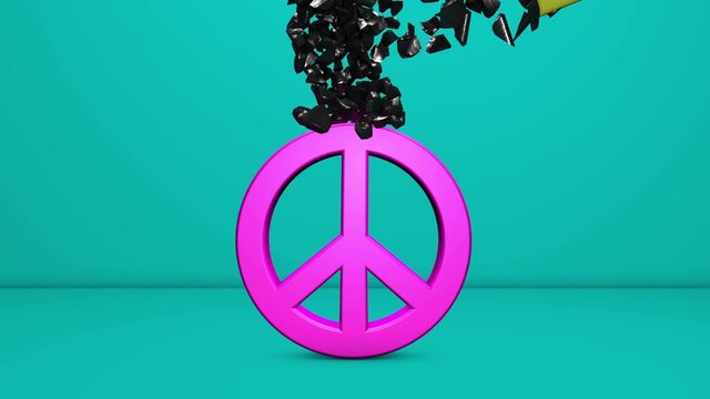 3d animation of hitting peace symbol by hammer. Hammer breaking in slow motion. The concept of counter-standing, overcoming, defending their ideas, interests, antiwar, uniqueness and individuality.
