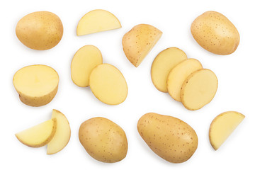 Young potato isolated on white background. Harvest new. Top view. Flat lay, Set or collection