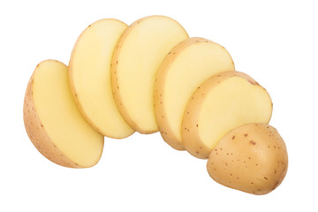 Young slice potato isolated on white background. Harvest new. Top view. Flat lay