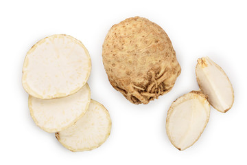 Fresh celery root isolated on white background. Top view. Flat lay. Set or collection