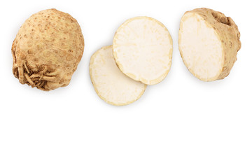 Fresh celery root isolated on white background. Top view. Flat lay.