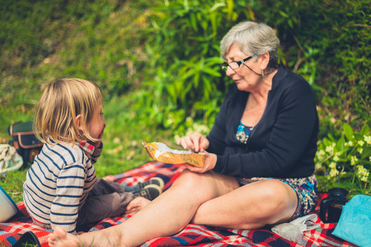 Toddler and grandmother having a picnic