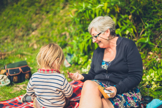 Toddler and grandmother having a picnic