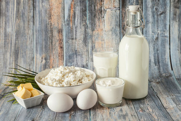 milk in a bottle eggs butter sour cream cottage cheese and a glass of milk on a green background with grass