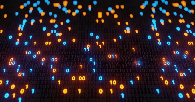 Abstract seamless blue and orange digital binary code matrix background loop. Motion graphic for Big data information technology, data center, block chain, server, internet, hi-speed. 3D rendering