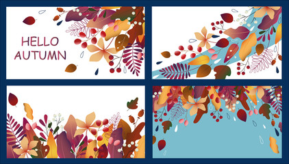 Banners with autumn leaves fall, vector floral background with isolated falling leaf. Perfectly for border, backdrop, card, poster, web design.