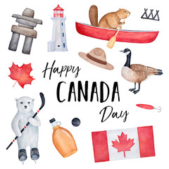 "Happy Canada Day" greeting card design with national flag, various country elements, positive animal characters, black holiday message. Handdrawn watercolour graphic painting on white, square shape. © Julija
