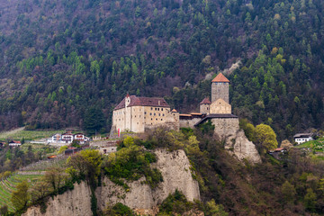 Fototapeta na wymiar Detail view on Tyrol Castle in beautiful landscape. Tirol Village, Province Bolzano, South Tyrol, Italy.