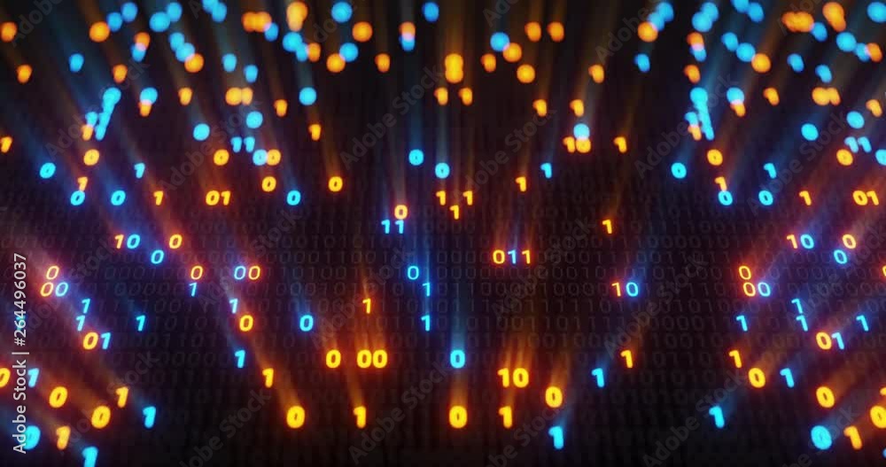 Poster abstract seamless blue and orange digital binary code matrix background loop. motion graphic for big