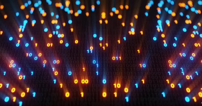 Abstract seamless blue and orange digital binary code matrix background loop. Motion graphic for Big data information technology, data center, block chain, server, internet, hi-speed. 3D rendering