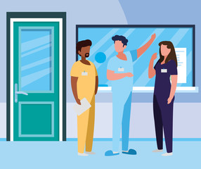 interracial group medicine workers in hospital reception