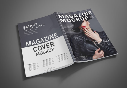 Open Magazine Cover on Gray Background Mockup