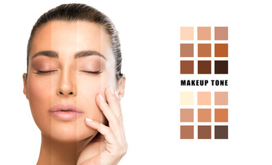Makeup tone selection on face concept. Beautiful natural woman with flawless skin