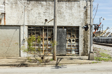 Side of an abandoned building with overgrowth