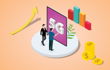 isometric 5g networks concept with team people business with high speed internet connectivity - vector