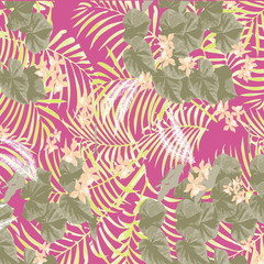 Tropical flower, plant and leaf pattern background