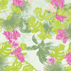 Tropical flower, plant and leaf pattern background