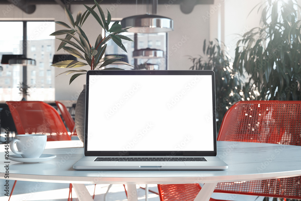 Poster close up of laptop with blank white screen on table in cafe. 3d rendering.