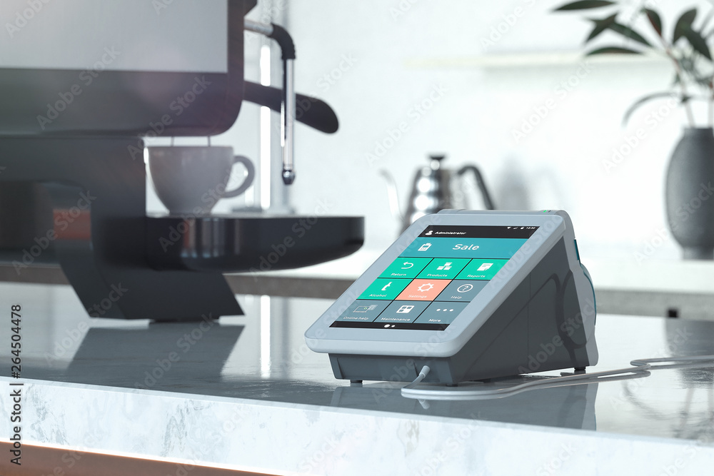 Poster pos payment terminal and coffee machine in modern cafe. nfc. 3d rendering.
