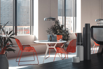 Interior of cafe or restaurant with red chairs and white table, 3d rendering.