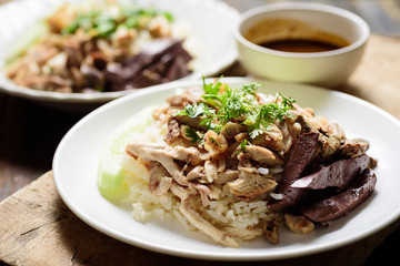 Thai cuisine (Khao Man Kai), Hainanese chicken rice with chili sauce