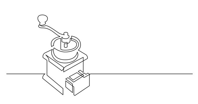 continuous line drawing of vintage manual coffee grinder