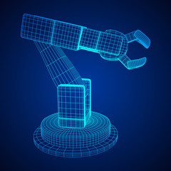 Robotic arm manufacture technology industry assembly mechanic hand wireframe low poly mesh vector illustration