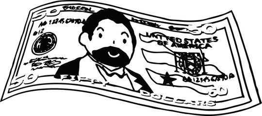 Deformed Cute hand-painted 50 US dollar banknote outline 