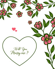 Vector illustration beauty of green leafy bouqet frame for greeting card will you marry me
