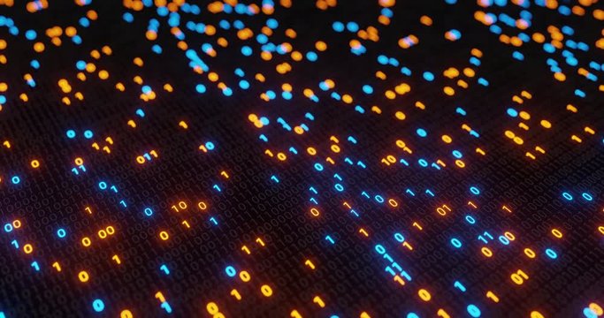Abstract seamless blue and orange digital binary code matrix background loop. Motion graphic for Big data information technology, data center, block chain, server, internet, hi-speed. 3D rendering