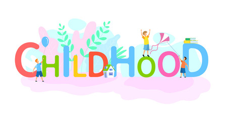 Happy Childhood, Youth Flat Word Concept Banner