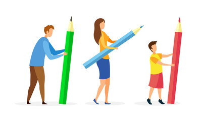 Fototapeta premium People Holding Huge Pencils Cartoon Characters Set