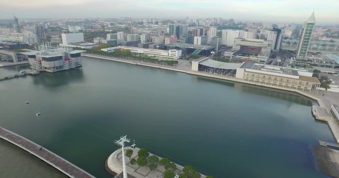 Lisbon aerial view. Beautiful modern part of the city called expo, after receiving expo 98. Portugal. Drone shot