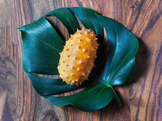 A kiwani fruit on a tropical leaf