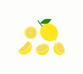 set of lemons with leaves on white background.