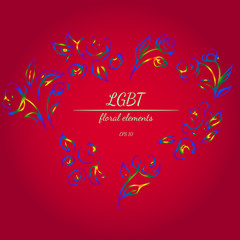 Wreath of LGBT Color Flowers in Form of Heart on Red Background. Floral Frame Design Elements For Invitations, Greeting Cards, Posters, Blogs. Hand drawn vector illustration