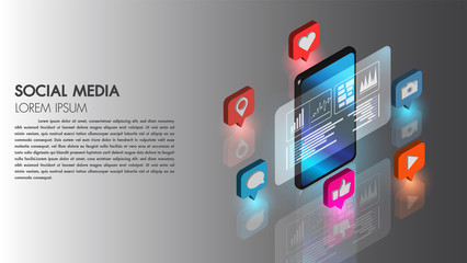Social media flat 3d isometric concept vector icon with mobile phone technology connect database digital cyber process vector illustration.